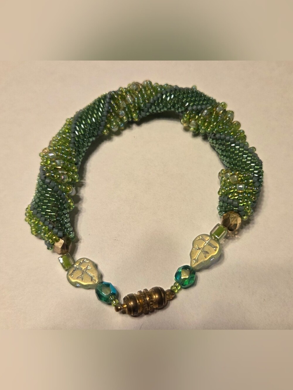 Artisan Green Woven Beaded Leaf Bracelet